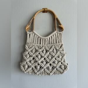 Vintage Anthropologie Amara Macramé Tote Bag Woven Cotton Rattan Handle